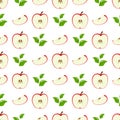 Seamless pattern with red half slice apples and leaves on white background. Organic fruit. Cartoon style. Vector illustration for Royalty Free Stock Photo