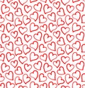 Seamless pattern with red hand drawn hearts on the white background. Royalty Free Stock Photo