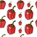 Seamless pattern of red hand drawn sweet peppers. Ink and colored sketch on white background. Whole objects. Royalty Free Stock Photo