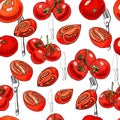Seamless pattern of red hand drawn tomatoes and objects for kitchen. Ink and colored sketch on white background. Royalty Free Stock Photo