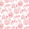 Seamless pattern of red hand drawn tomatoes, tomato slices on a white background. Vector illustration Royalty Free Stock Photo