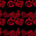 Seamless pattern with red heart embroidery stitches imitation on the black background