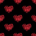 Seamless pattern red heart made of flower petals black background isolated, beautiful heart shape repeat ornament, valentines day Royalty Free Stock Photo