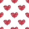 Seamless pattern red heart made of flower petals white background isolated, beautiful heart shape repeat ornament, valentines day Royalty Free Stock Photo