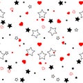 Seamless pattern with red hearts and black stars on white background. Vector illustration Royalty Free Stock Photo