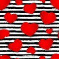 Seamless pattern with red hearts on black and white stripes background. Vector illustration Royalty Free Stock Photo