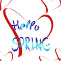 Seamless pattern with red hearts and blue `Hello Spring` lettering.