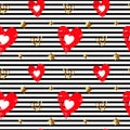 Seamless pattern with red hearts and golden stars on a striped background. vector Royalty Free Stock Photo