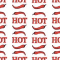 Seamless pattern with red hot chili pepper. Spices isolated on white background with brown words. Vector illustration for textile, Royalty Free Stock Photo