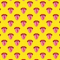 Seamless pattern with red hot chili pepper on the tongue. The girl shows tongue. Pop art style red lips on a yellow polka dot