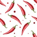 Seamless pattern of red hot chili pepper, whole pod. Hand drawn watercolor illustration isolated on white background Royalty Free Stock Photo