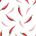Seamless pattern of red hot chili pepper, whole pod. Hand drawn watercolor illustration isolated on white background Royalty Free Stock Photo