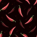 Seamless pattern of red hot chili pepper, whole pod. Hand drawn watercolor illustration isolated on white background