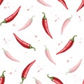 Seamless pattern of red hot chili pepper, whole pod. Hand drawn watercolor illustration isolated on white background