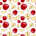 Seamless pattern, red, juicy apples, whole and in a cut. Royalty Free Stock Photo