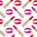 Seamless pattern red kiss print and golden lipstick on white background isolated, open lipsticks and sexy pink lips makeup stamp Royalty Free Stock Photo