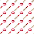 Seamless pattern red kiss print and golden lipstick on white background isolated, open lipsticks and sexy pink lips makeup stamp Royalty Free Stock Photo