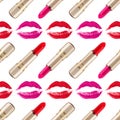 Seamless pattern red kiss print and golden lipstick on white background isolated, open lipsticks and sexy pink lips makeup stamp