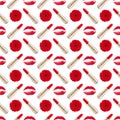 Seamless pattern red kiss print, lipstick, gerbera flower white background isolated, daisy flowers, golden lipsticks, lips makeup