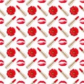 Seamless pattern red kiss print, lipstick, gerbera flower white background isolated, daisy flowers, golden lipsticks, lips makeup