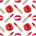 Seamless pattern red kiss print, lipstick, rose flower white background isolated, roses flowers, golden lipsticks, lips makeup