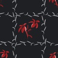 Seamless pattern of red lilies in a gray cell of plants on the black background. Watercolor
