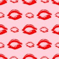 Seamless pattern red lipstick kiss on pink background. Lips prints vector illustration. Perfect for Valentines day postcard, Royalty Free Stock Photo