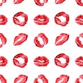 Seamless pattern of red lipstick kiss print on white background isolated, sexy pink lips makeup marks repeating ornament Royalty Free Stock Photo