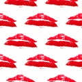 Seamless pattern red lipstick kiss on white background. Grunge lips prints vector illustration. Perfect for Valentines day Royalty Free Stock Photo