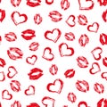 Seamless pattern red lipstick kisses and hearts on white background. Lips prints vector illustration. Perfect for Valentines day Royalty Free Stock Photo