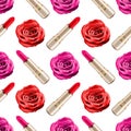 Seamless pattern of red lipstick and pink rose flower on white background isolated, roses flowers and golden lipsticks ornament Royalty Free Stock Photo