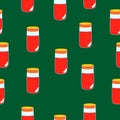 Seamless pattern with red magic potion bottles on green background. Cartoon style. Fairy tale drink. Pharmacy and chemistry.