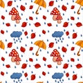 Seamless pattern with red mushrooms, umbrella, clouds, drops and leafs on white background in flat style. Royalty Free Stock Photo