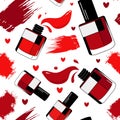 Seamless pattern with red nail polish and heart. Makeup background in flat design for design textile