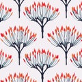 Seamless pattern red orange blue flowers pattern. Fabric floral card template design. Contrast orange red creative print