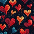 Seamless pattern with red and orange hearts on dark blue background Royalty Free Stock Photo