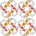 Seamless pattern with red and orange koi fish carps. Colored background.