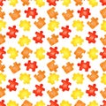 Seamless pattern red orange and yellow jigsaw puzzles on white background. Concept of autumn, children toys, games, autism