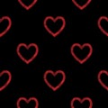 Seamless pattern with red outline polygonal hearts on the black background