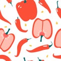 Seamless pattern with red peppers: chilli and capsicum - bell pepper. Modern flat design. Royalty Free Stock Photo