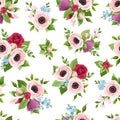 Seamless pattern with red, pink, purple and blue flowers. Vector illustration. Royalty Free Stock Photo