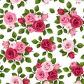 Seamless pattern with red and pink roses on white.