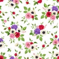 Seamless pattern with red, pink white and purple flowers. Vector illustration. Royalty Free Stock Photo