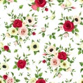 Seamless pattern with red, pink and white roses, lisianthuses and anemone flowers. Vector illustration. Royalty Free Stock Photo