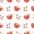 Seamless pattern with red polka dot cups mugs and grains of coffee. Hand drawn kitchen supplies isolated. Cosy background and