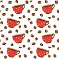Seamless pattern with red polka dot cups mugs and grains of coffee. Hand drawn kitchen supplies isolated. Vector background and Royalty Free Stock Photo