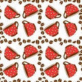 Seamless pattern with red polka dot cups mugs and grains of coffee. Hand drawn kitchen supplies isolated. Vector background and Royalty Free Stock Photo