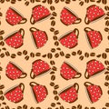 Seamless pattern with red polka dot cups mugs and grains of coffee. Hand drawn kitchen supplies isolated. Vector background and Royalty Free Stock Photo
