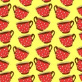 Seamless pattern with red polka dot cups. Vector background and texture with Mugs from hot drink. Hand drawn kitchen supplies
