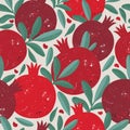 Seamless pattern with red pomegranate fruits and seeds on a vintage background. Juicy tropical fruits. Design wallpaper Royalty Free Stock Photo